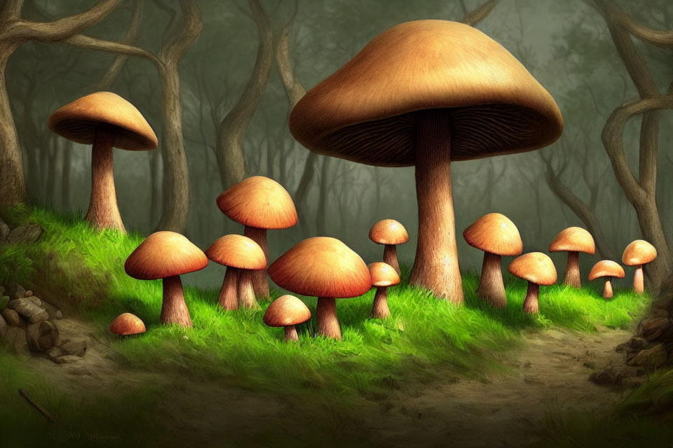 Fantasy illustration of oversized mushrooms in misty forest