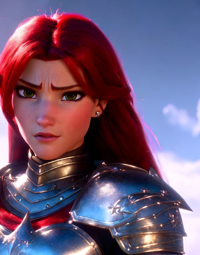 Vibrant red-haired female character in silver armor under blue sky