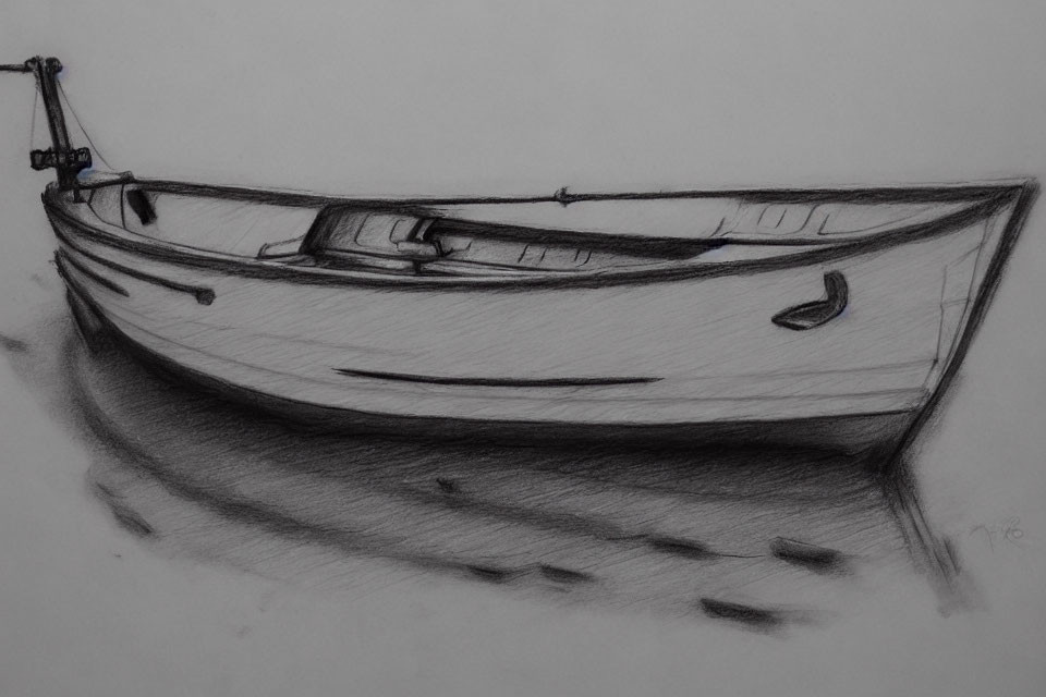 Detailed pencil sketch of rowboat with oars on shaded water surface