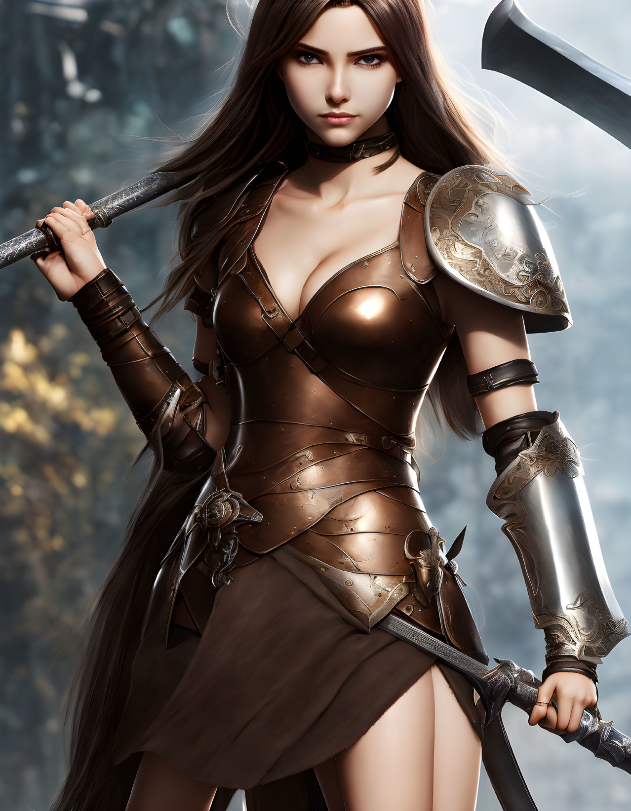Female Warrior in Fantasy Armor with Sword and Forest Background