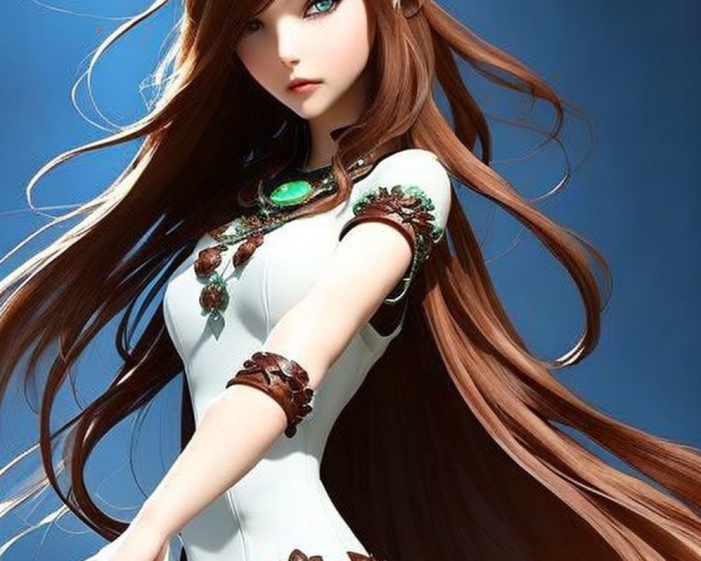 Animated Female Character with Flowing Brown Hair and Striking Blue Eyes in Detailed White Dress