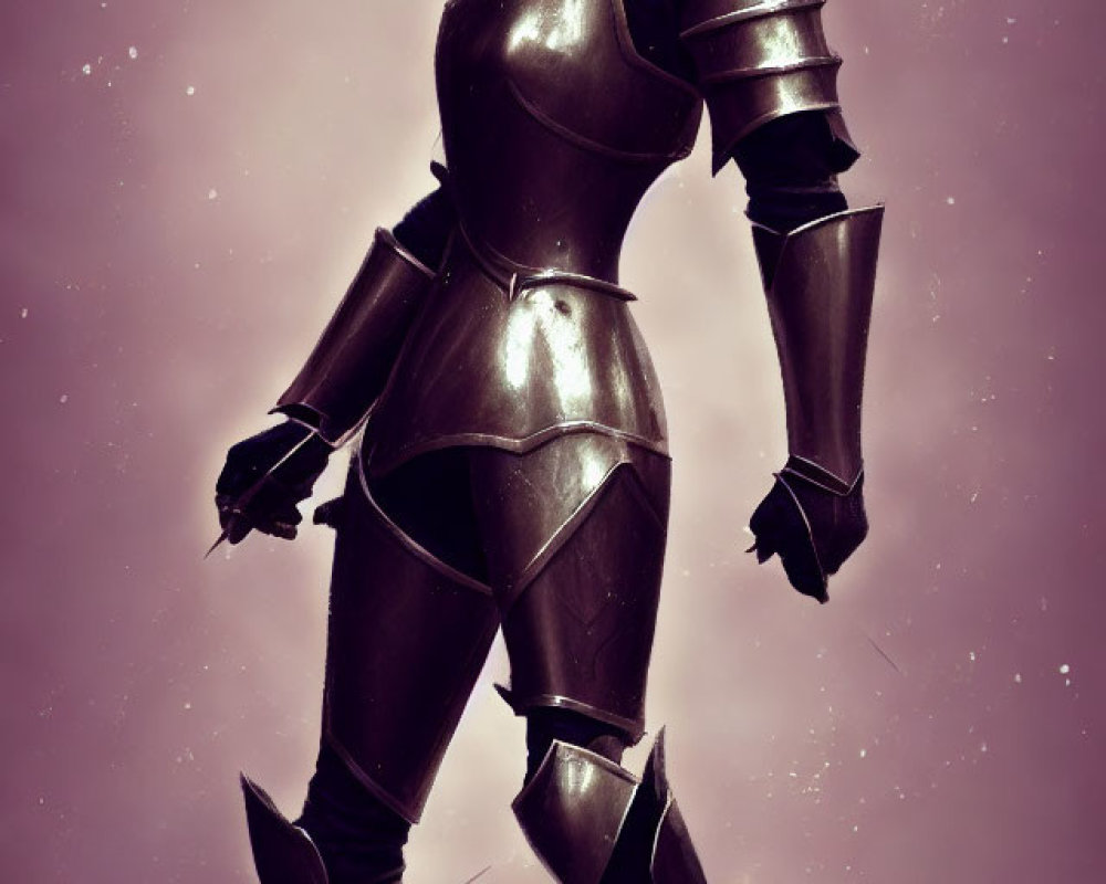 Female Knight in Dark Armor Stands in Misty Purple Setting