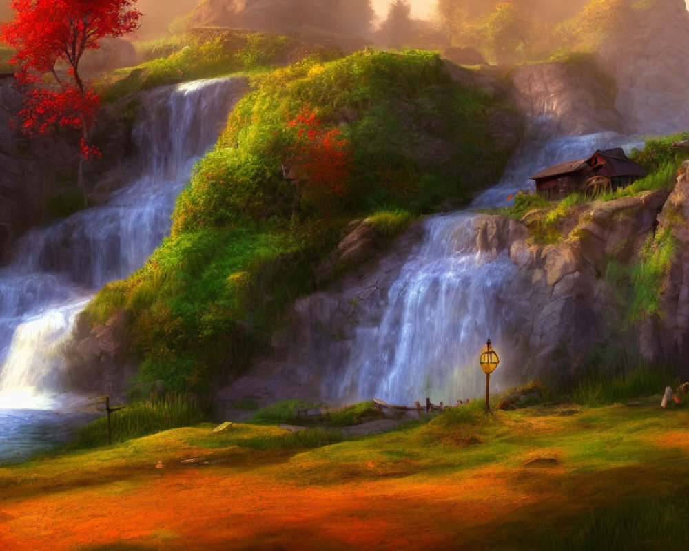 Tranquil landscape with waterfall, cottage, lush greenery, autumn trees