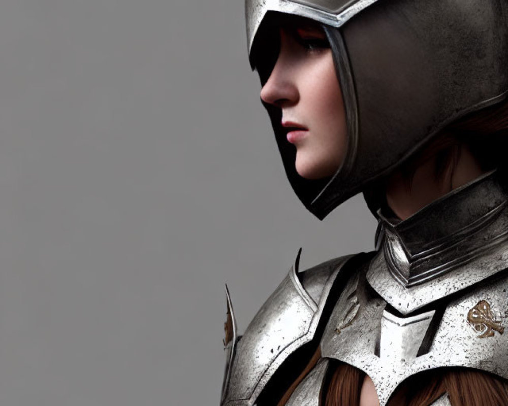 Detailed Silver Knight Helmet and Armor Profile View with Long Hair on Dark Background