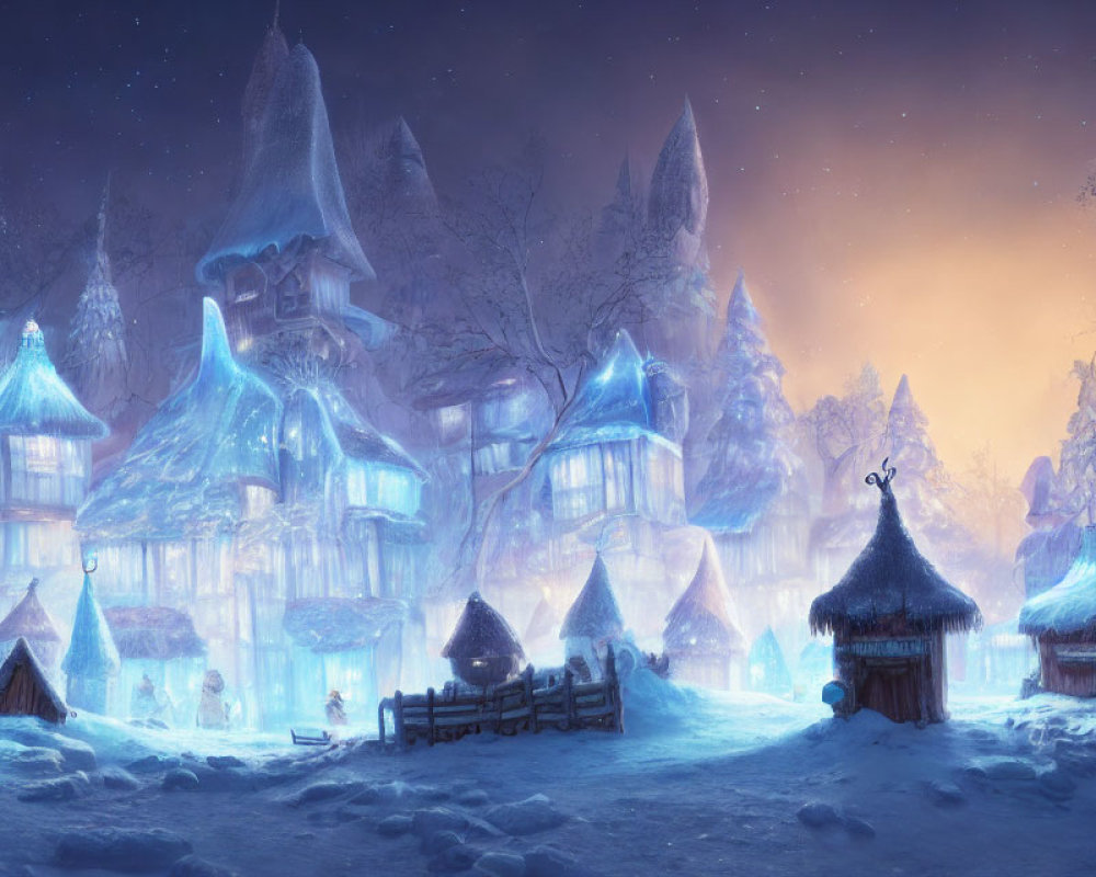 Snow-covered winter village with glowing blue lights