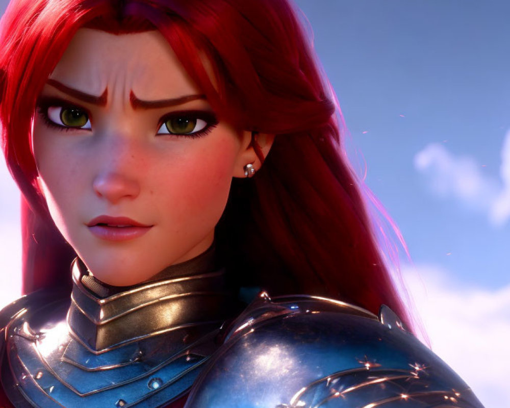 Vibrant red-haired female character in silver armor under blue sky
