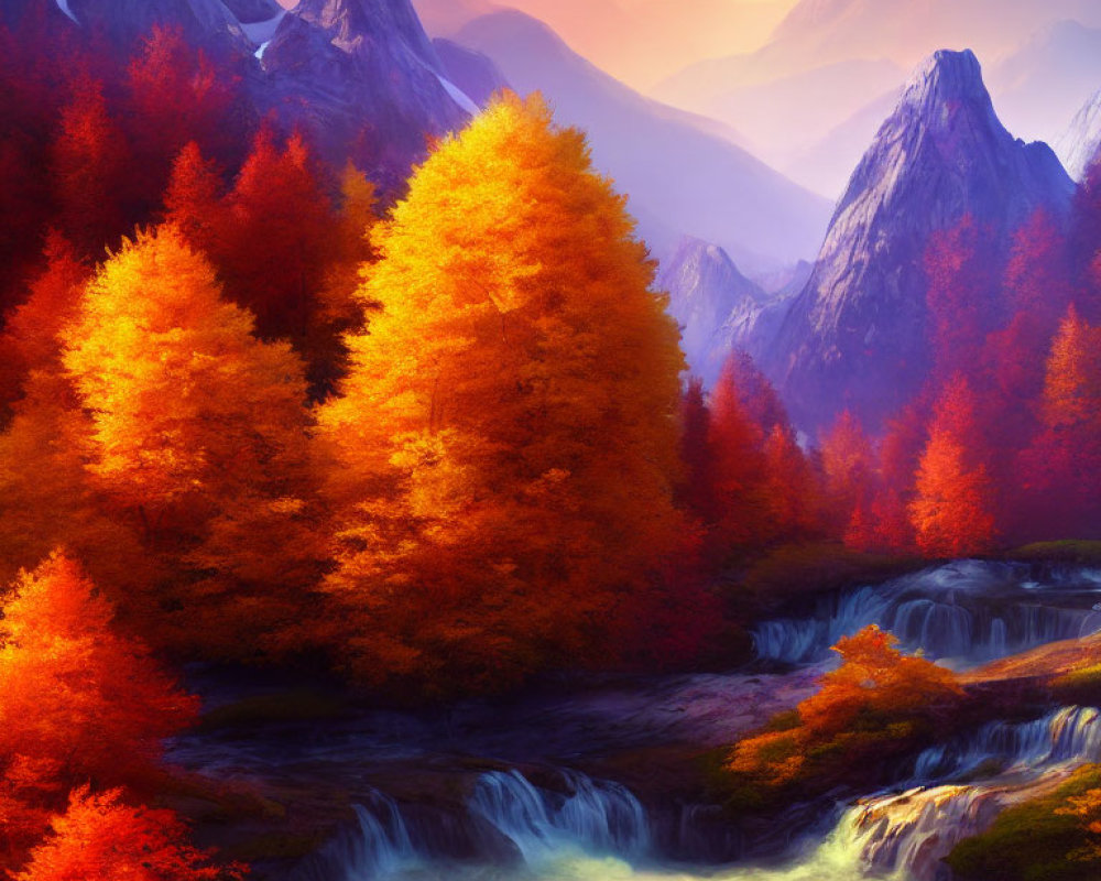 Vibrant autumn landscape: orange and red trees, cascading river, misty mountains, golden