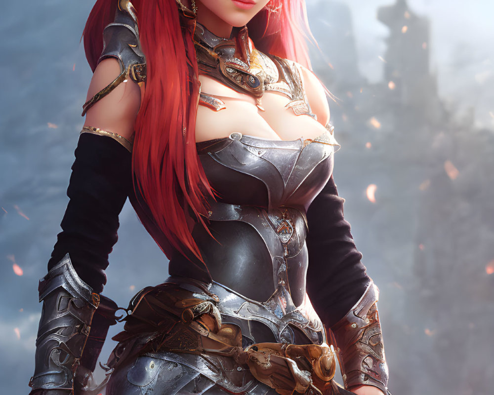 Female warrior digital artwork: red-haired, elven ears, detailed armor, sword, mystical forest.