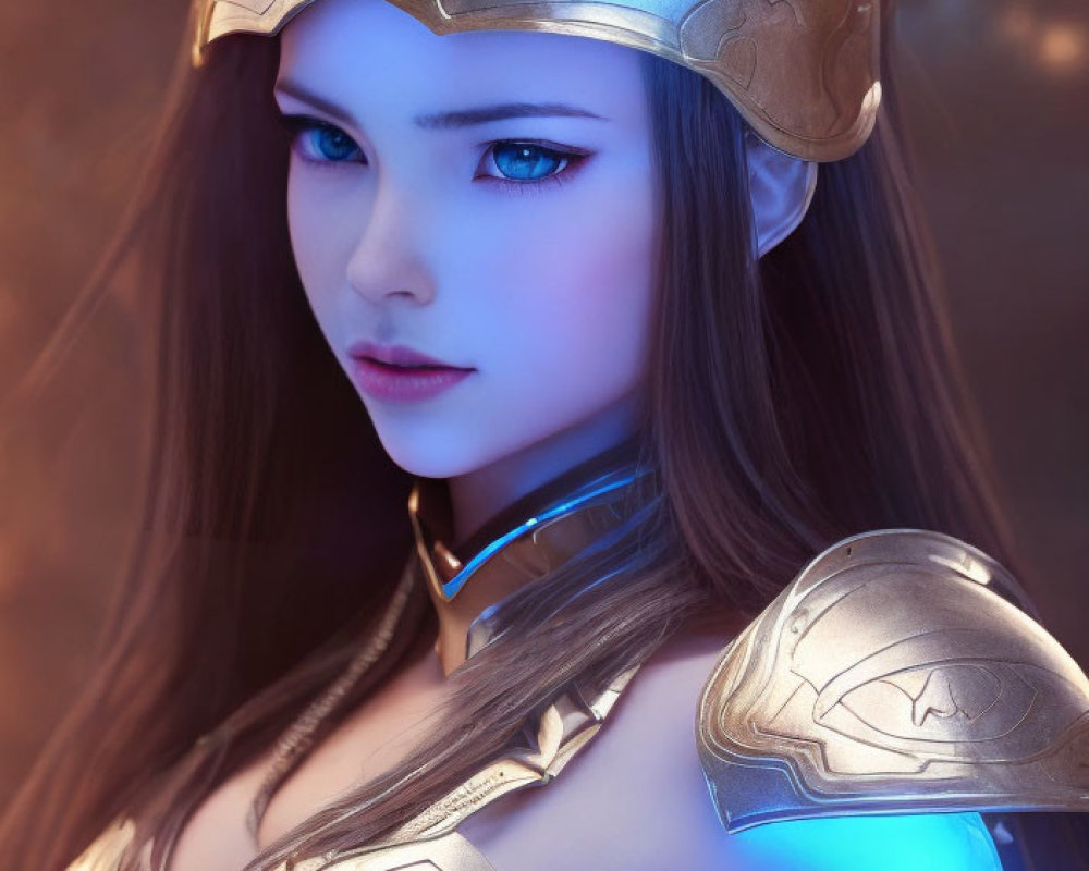 Blue-eyed woman in silver armor and helmet on warm background