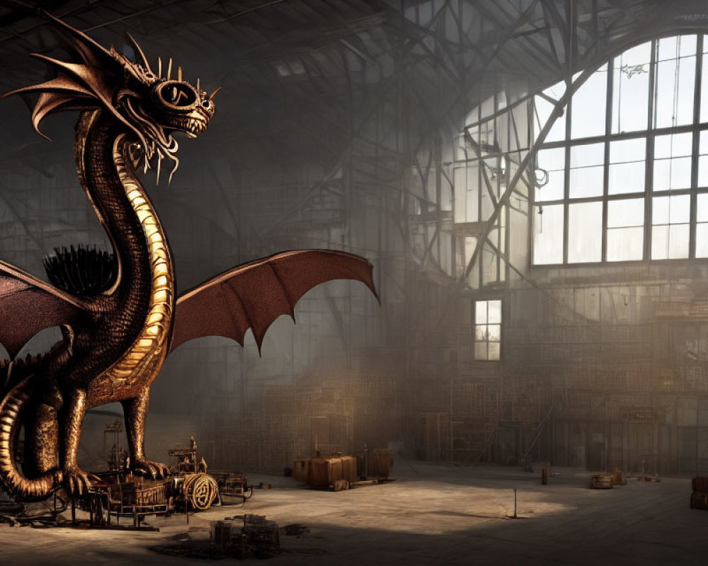 Majestic dragon in dimly lit industrial warehouse