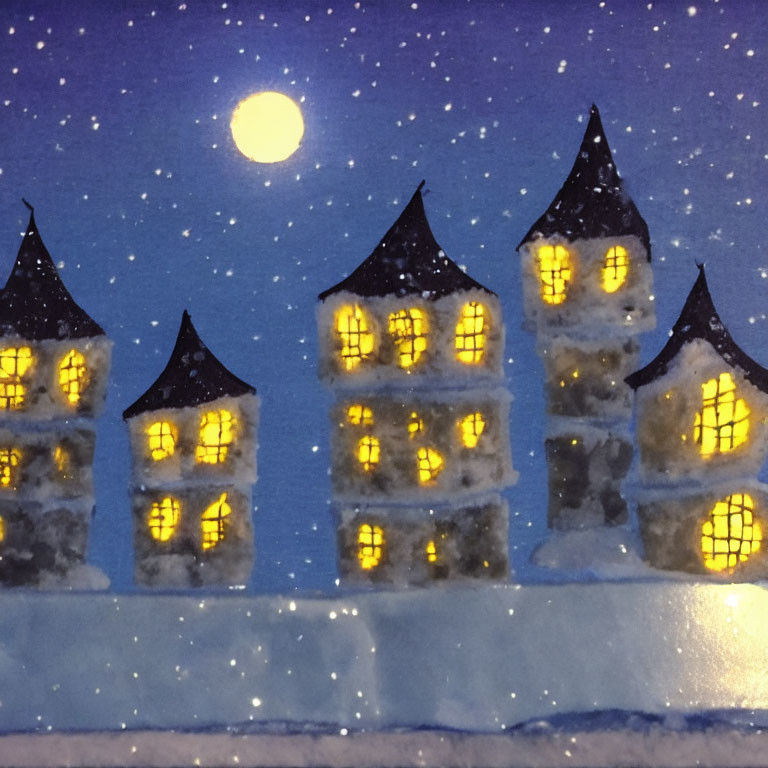 Snow-covered village illustration: Night scene with glowing windows and full moon