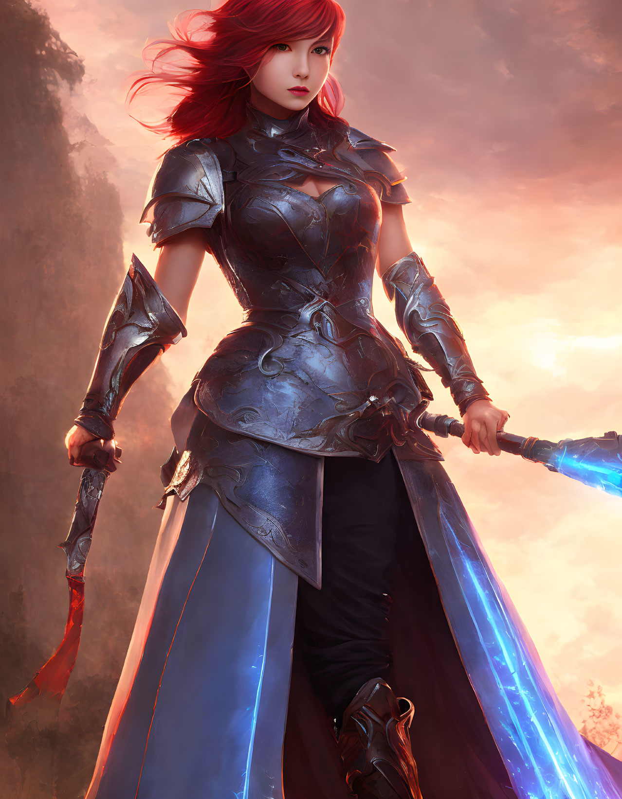 Fantasy warrior woman with red hair in metallic armor wields glowing blue sword in misty, red