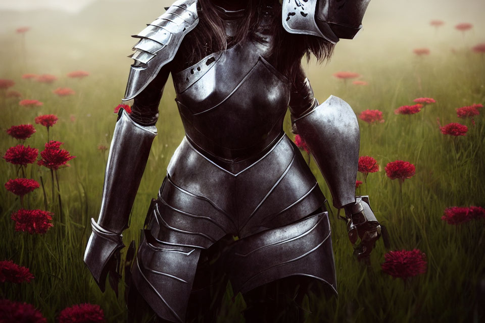 Person in Full Plate Armor Surrounded by Crimson Flowers in Foggy Field