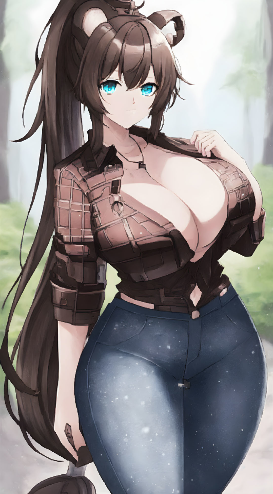 Female anime character with long black hair and blue eyes in brown chest armor and blue denim pants in forest