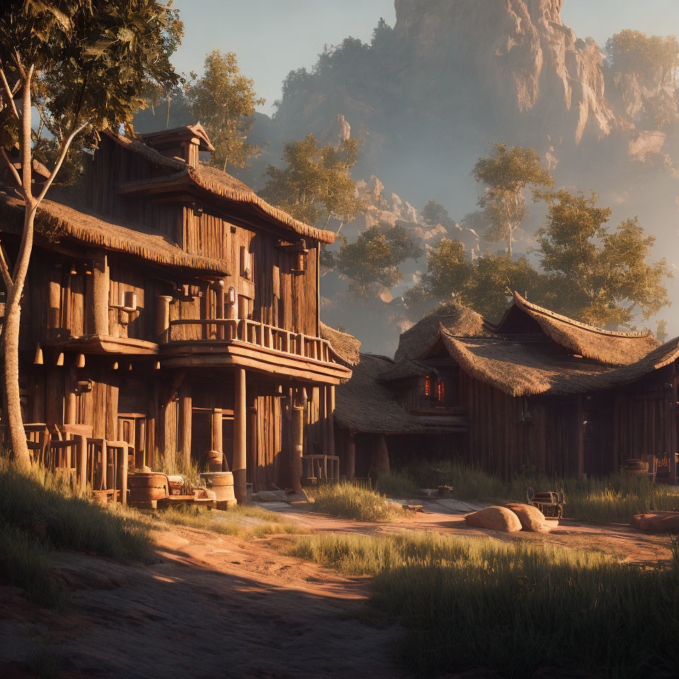Traditional wooden village scene with lush trees under soft sunlight