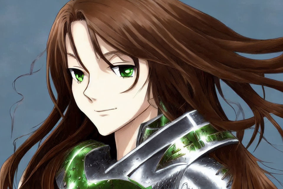 Female character with green eyes, brown hair, and silver armor with green accents