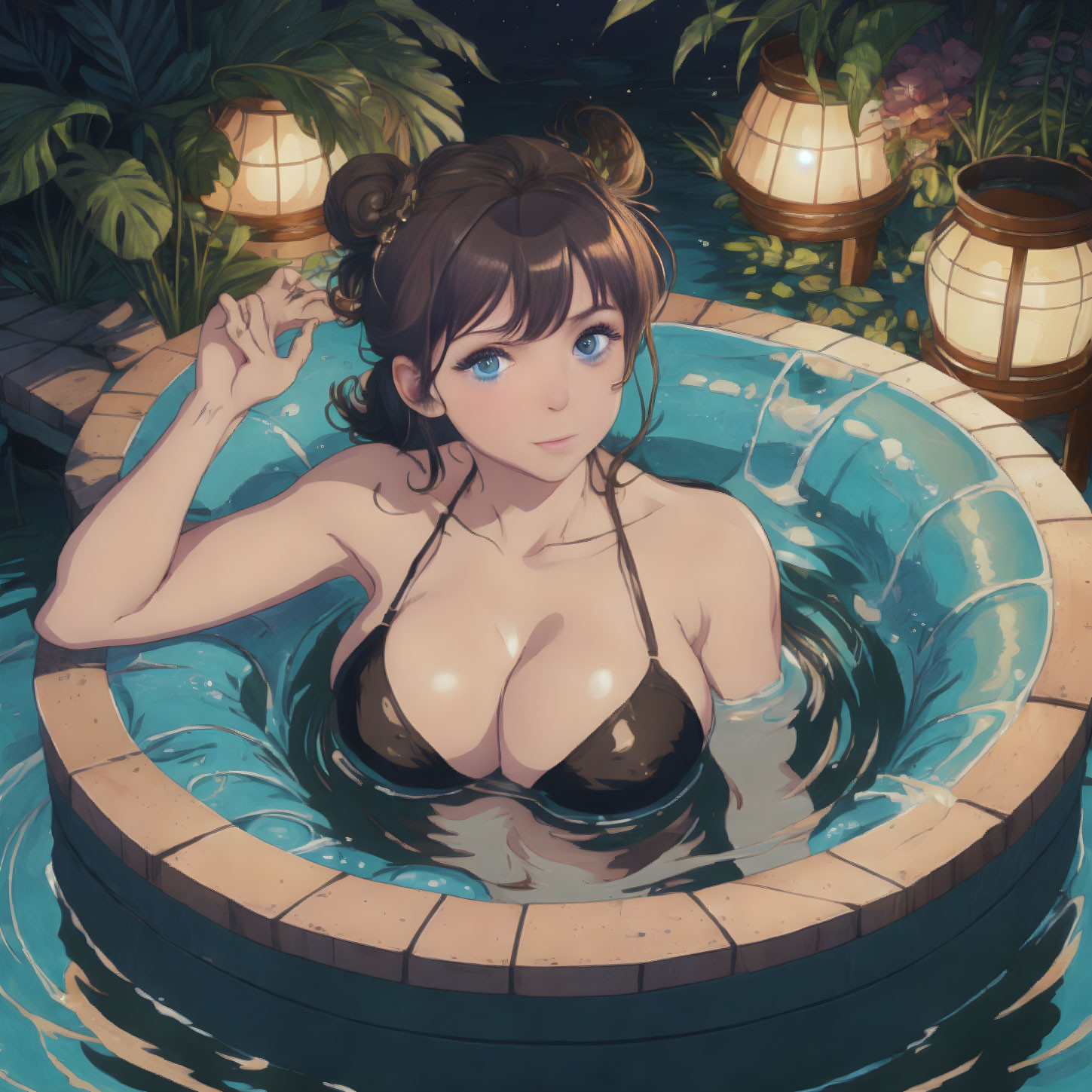 Brown-haired female anime character in twin buns relaxing in hot tub at night with lanterns.
