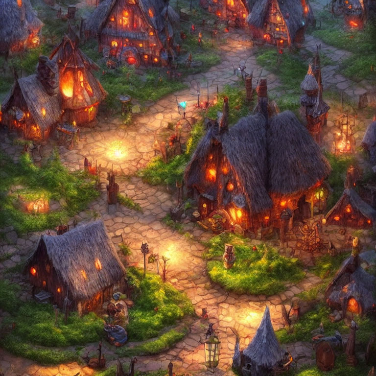 Nighttime village scene with thatched-roof cottages and glowing lanterns
