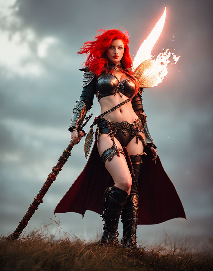 Fierce woman with red hair wields flaming sword in fantasy armor