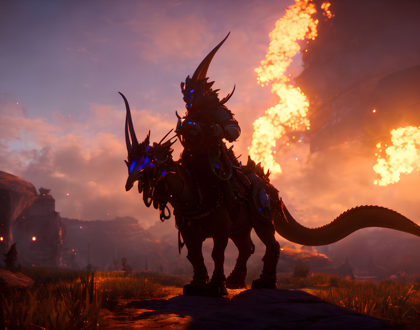 Armored dragon in fiery dusk landscape with floating embers