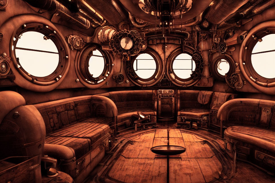 Victorian-style Steampunk Submarine Interior with Circular Windows & Leather Seating