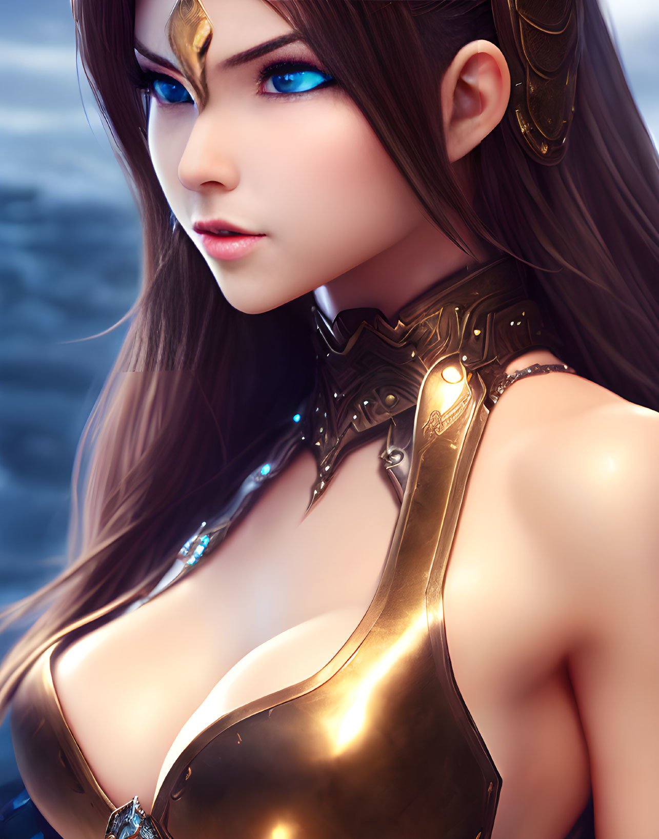 Detailed digital art: Female character with pointed ears, blue eyes, golden armor, intricate design, mystical