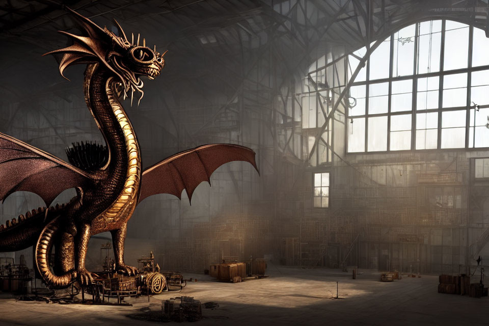 Majestic dragon in dimly lit industrial warehouse