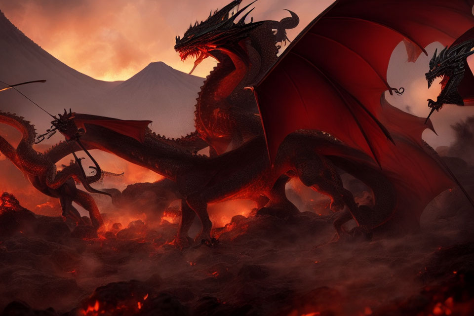 Three Menacing Dragons in Volcanic Landscape with Fiery Skies