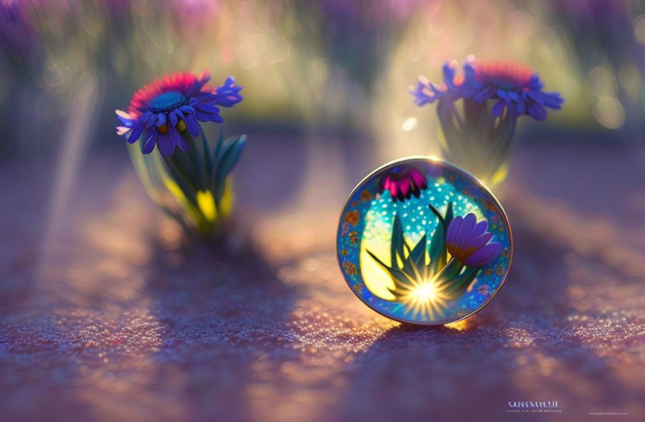 Crystal Ball Reflecting Purple Flowers in Soft Sunlight