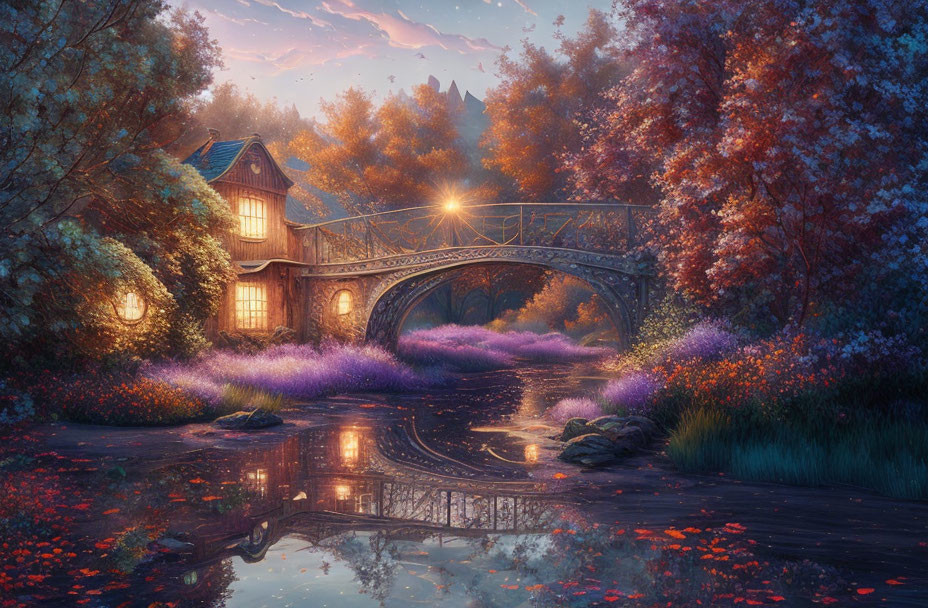 Autumnal riverside scene with cozy cottage, bridge, and colorful foliage