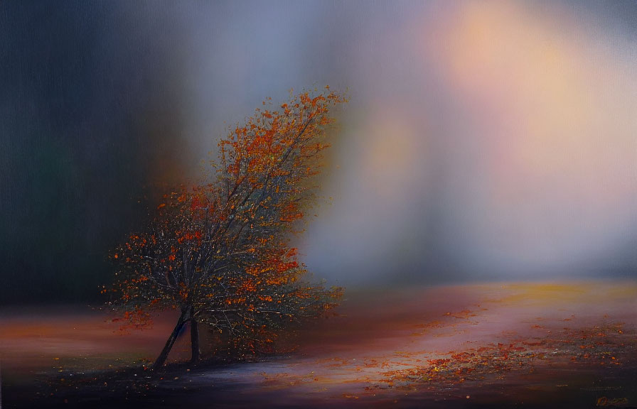 Solitary Tree with Vibrant Orange Leaves in Misty Background