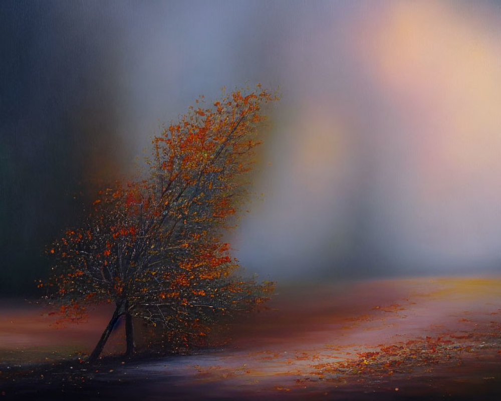Solitary Tree with Vibrant Orange Leaves in Misty Background