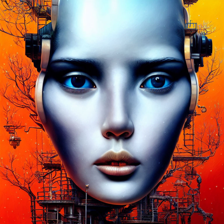 Digital artwork: Humanoid face with dark eyes and mechanical elements on orange backdrop.