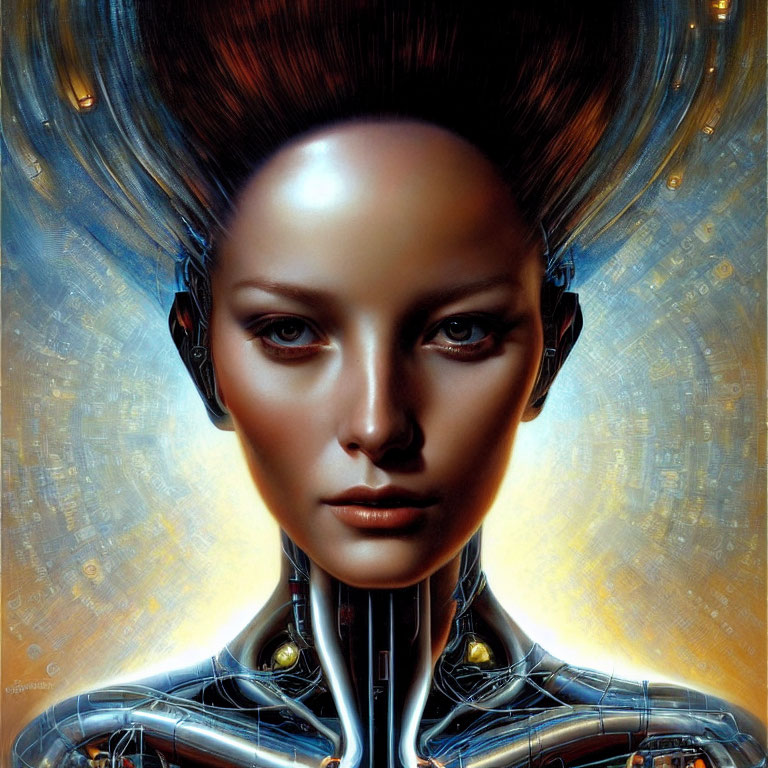 Female humanoid robot digital artwork with cybernetic neck, shoulders, futuristic headdress, and intense gaze