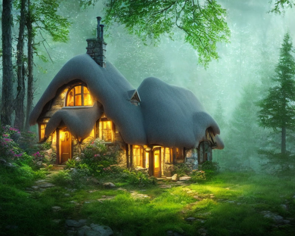 Thatched roof cottage in foggy forest with warm glow