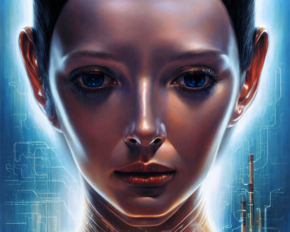 Detailed digital artwork: humanoid female with blue eyes, futuristic circuitry, cityscape silhouette