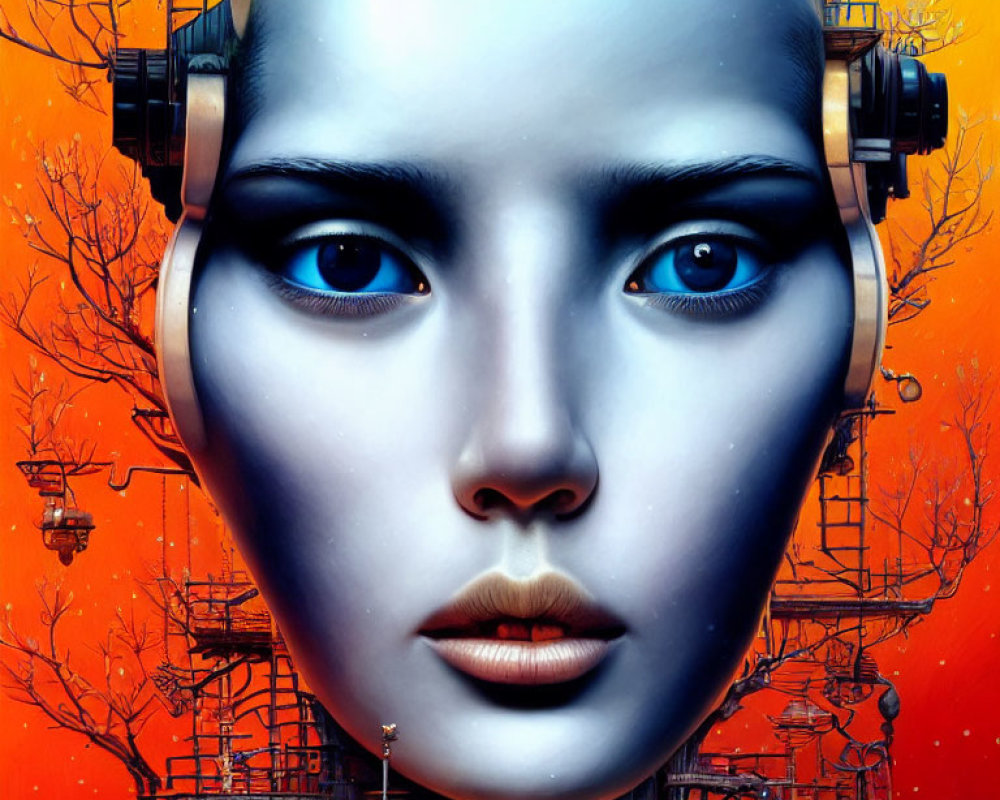 Digital artwork: Humanoid face with dark eyes and mechanical elements on orange backdrop.