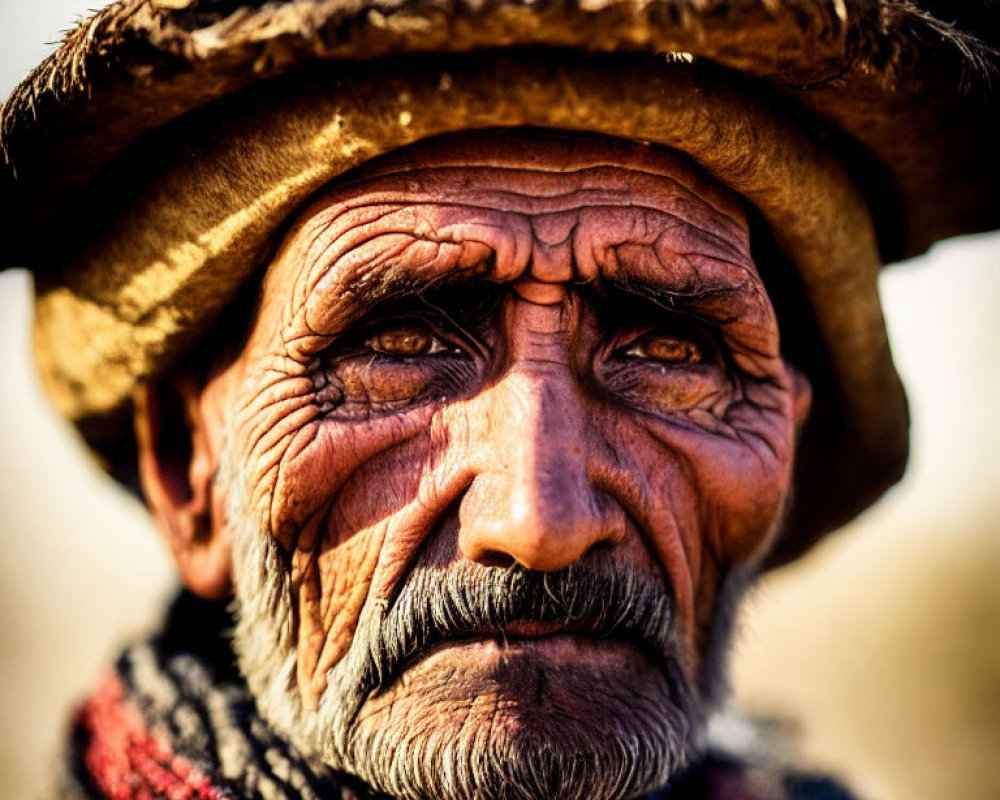 Elderly man with weathered face in traditional attire gazes into distance