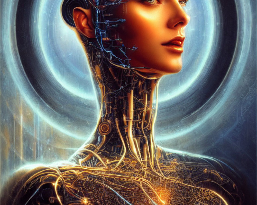 Detailed Female Android Digital Art with Glowing Circuits on Golden Background