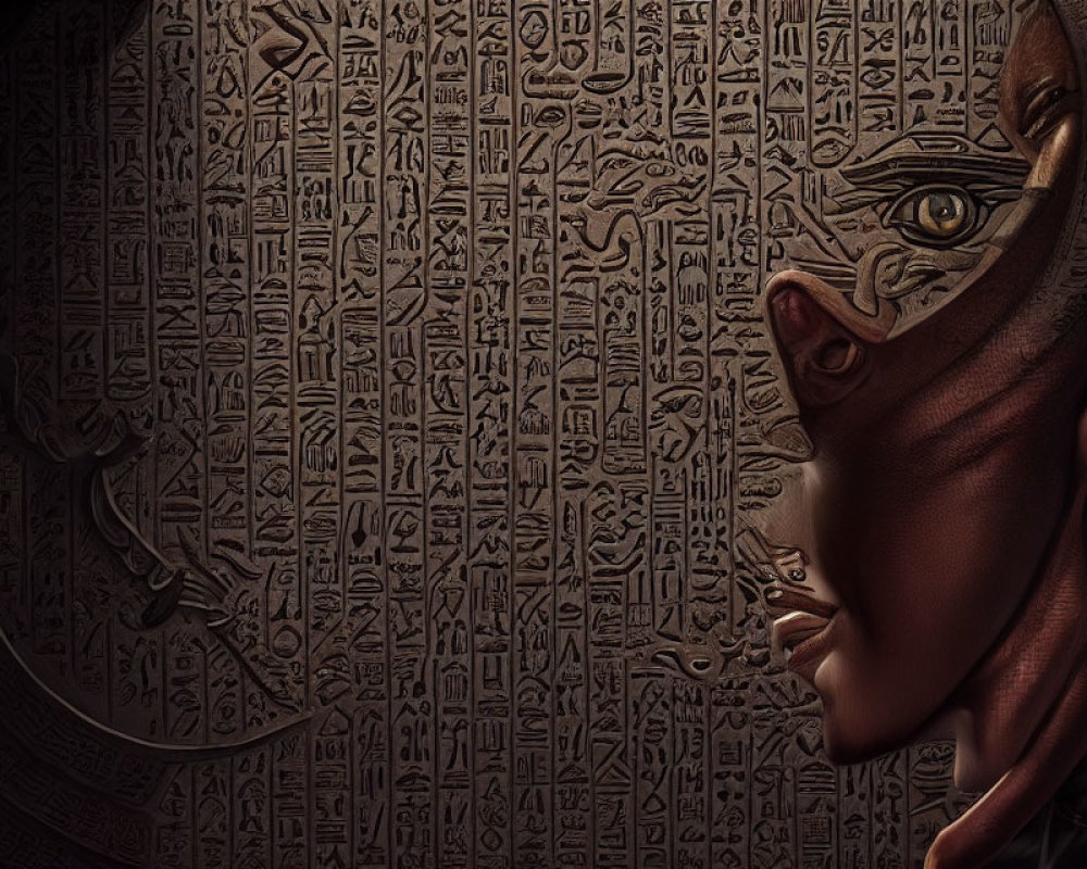 Embossed Metallic Artwork of Egyptian Pharaoh Profile with Hieroglyphic Inscriptions