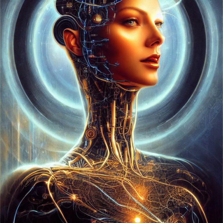 Detailed Female Android Digital Art with Glowing Circuits on Golden Background