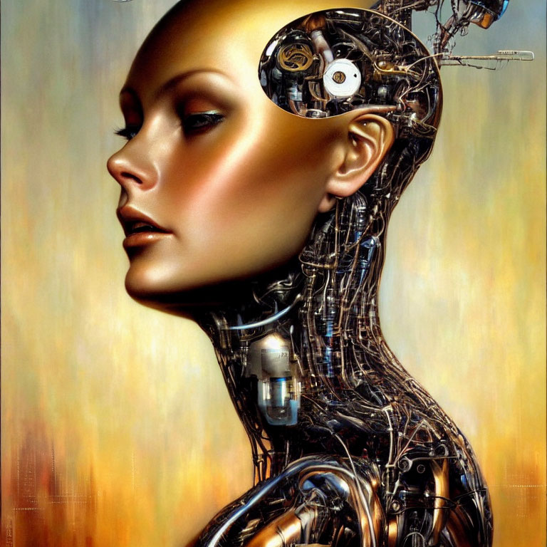 Hyper-realistic painting of female humanoid robot with exposed mechanical interior, showcasing artificial intelligence.