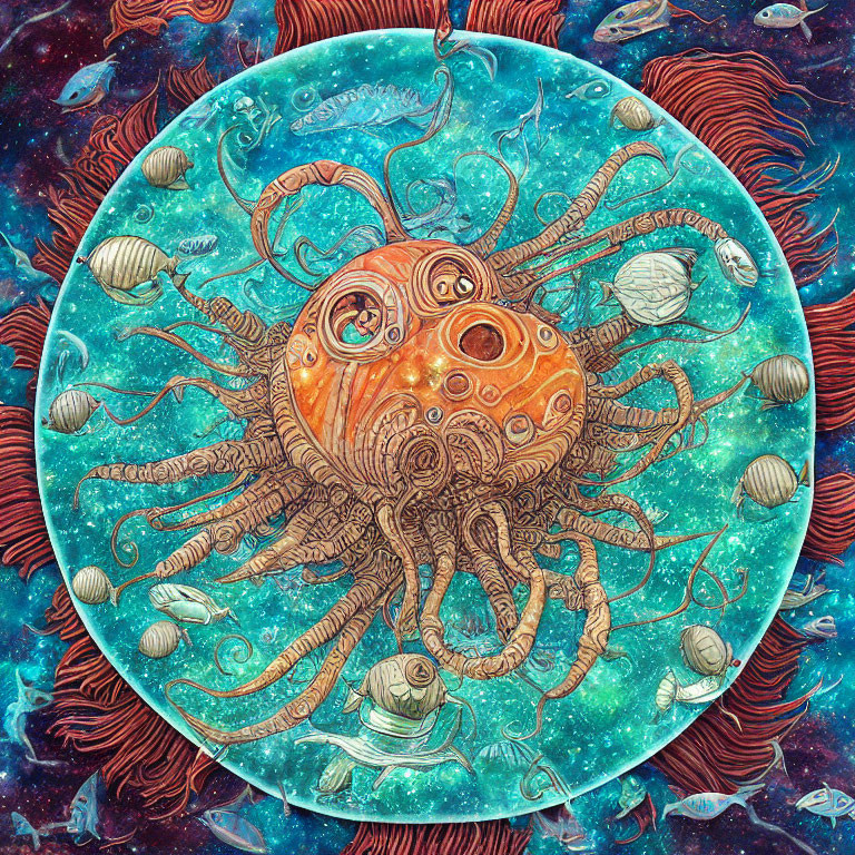 Colorful Octopus Artwork with Jellyfish and Nautilus Shells on Starry Background