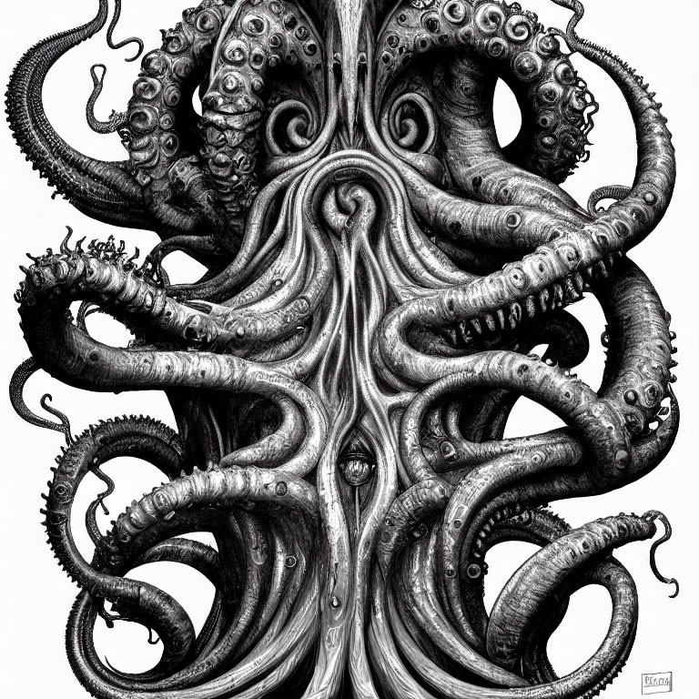Detailed Black and White Octopus Illustration with Symmetrical Tentacles