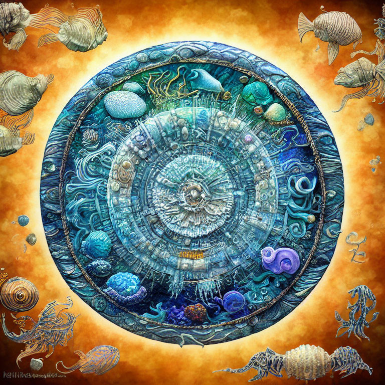Colorful Circular Marine Life Artwork with Mystical Wheel and Intricate Designs on Orange Background
