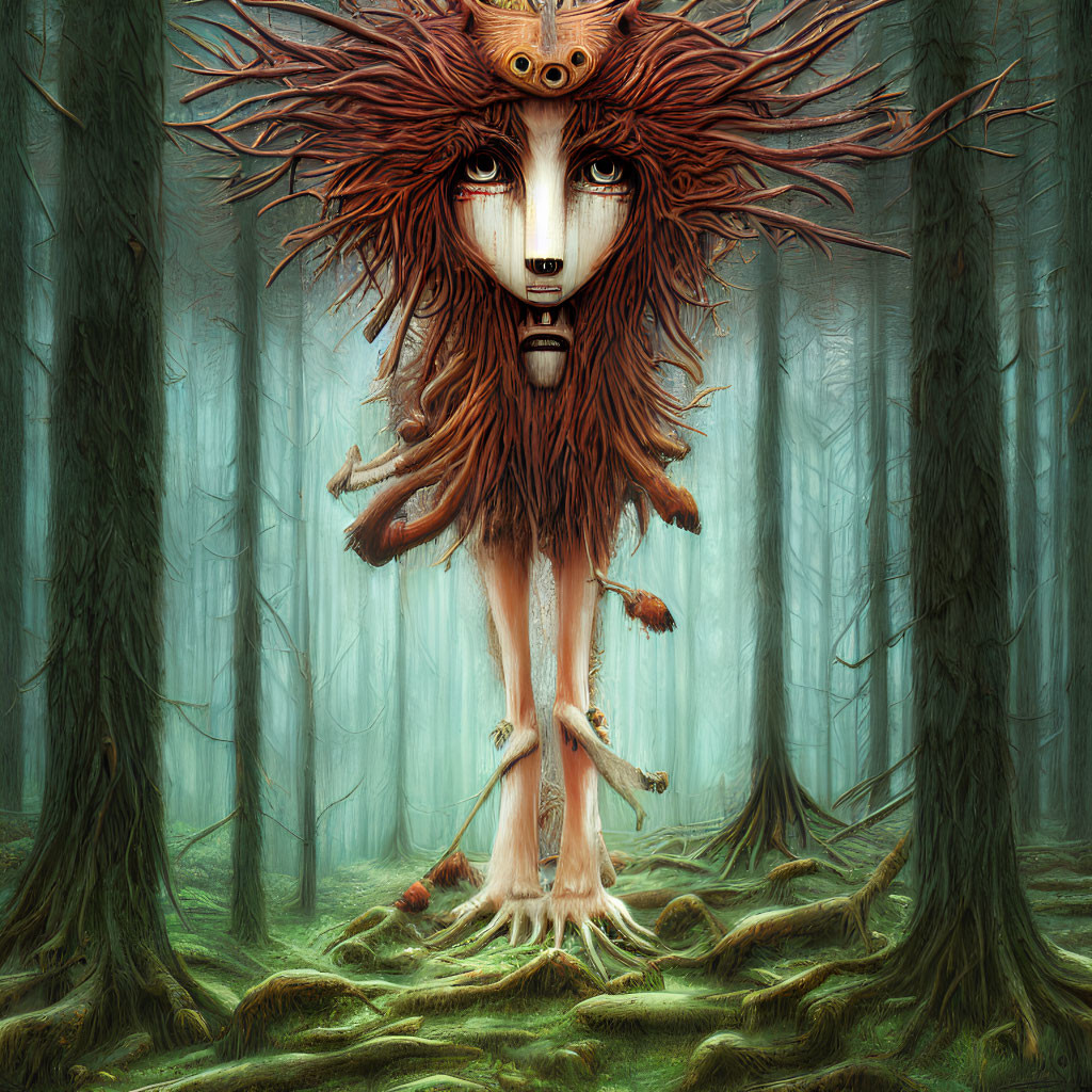 Mystical forest entity with owl-like face and tree-root legs
