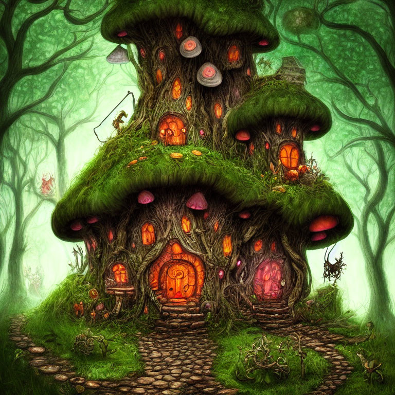 Whimsical treehouse with mushroom-like features in magical forest