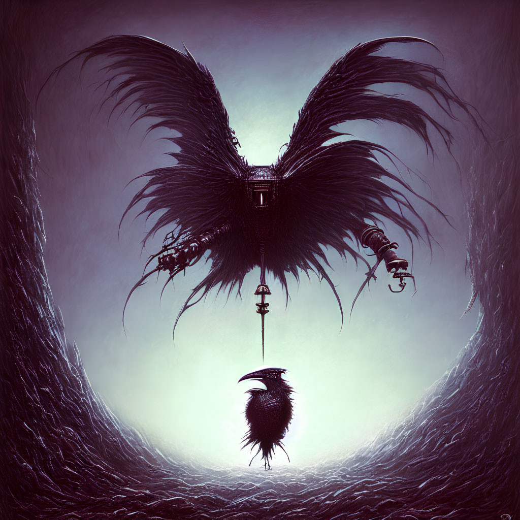 Sinister winged creature hovering over nest in dark artwork