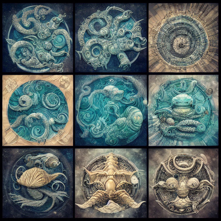 Blue and Bronze Oceanic and Celestial Themed Artworks with Tentacles, Shells, G