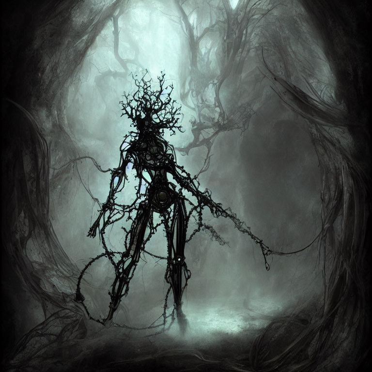 Dark Tree-Like Figure in Foggy Forest Clearing